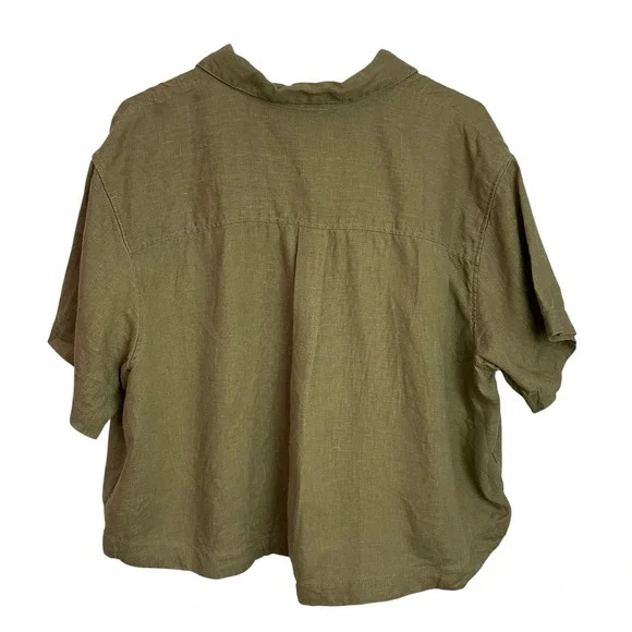 Athleta Womens Retreat 100% Linen Shirt Size XL Olive Green Button Short Sleeve - Picture 3 of 9
